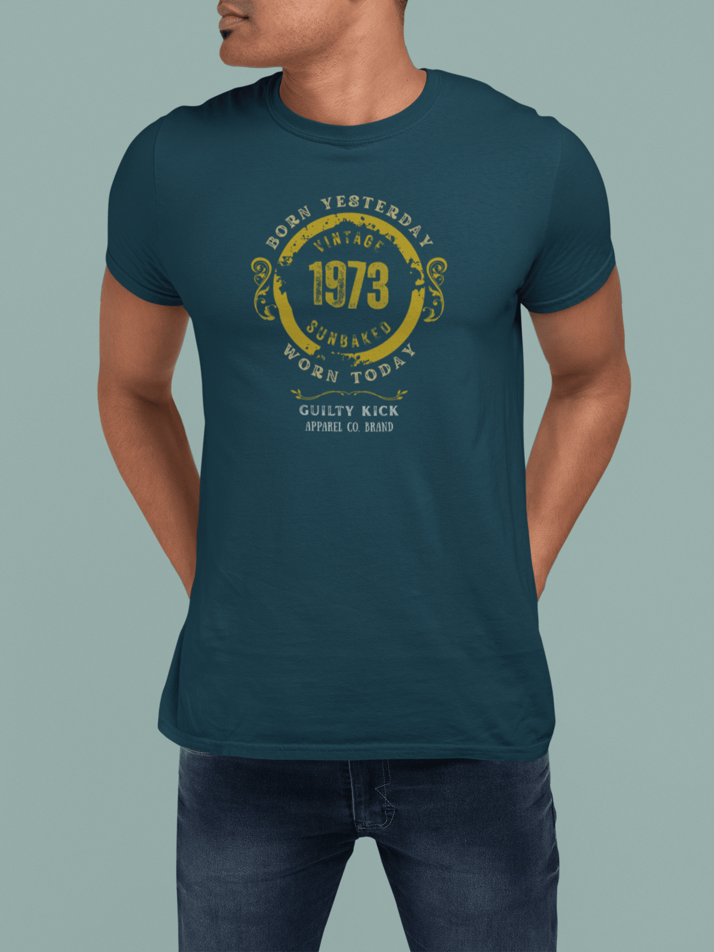 Vintage 1973 "Born Yesterday" Distressed Graphic Tee | Guilty Kick Sunbaked Retro Humor Shirt - Guilty Kick Apparel