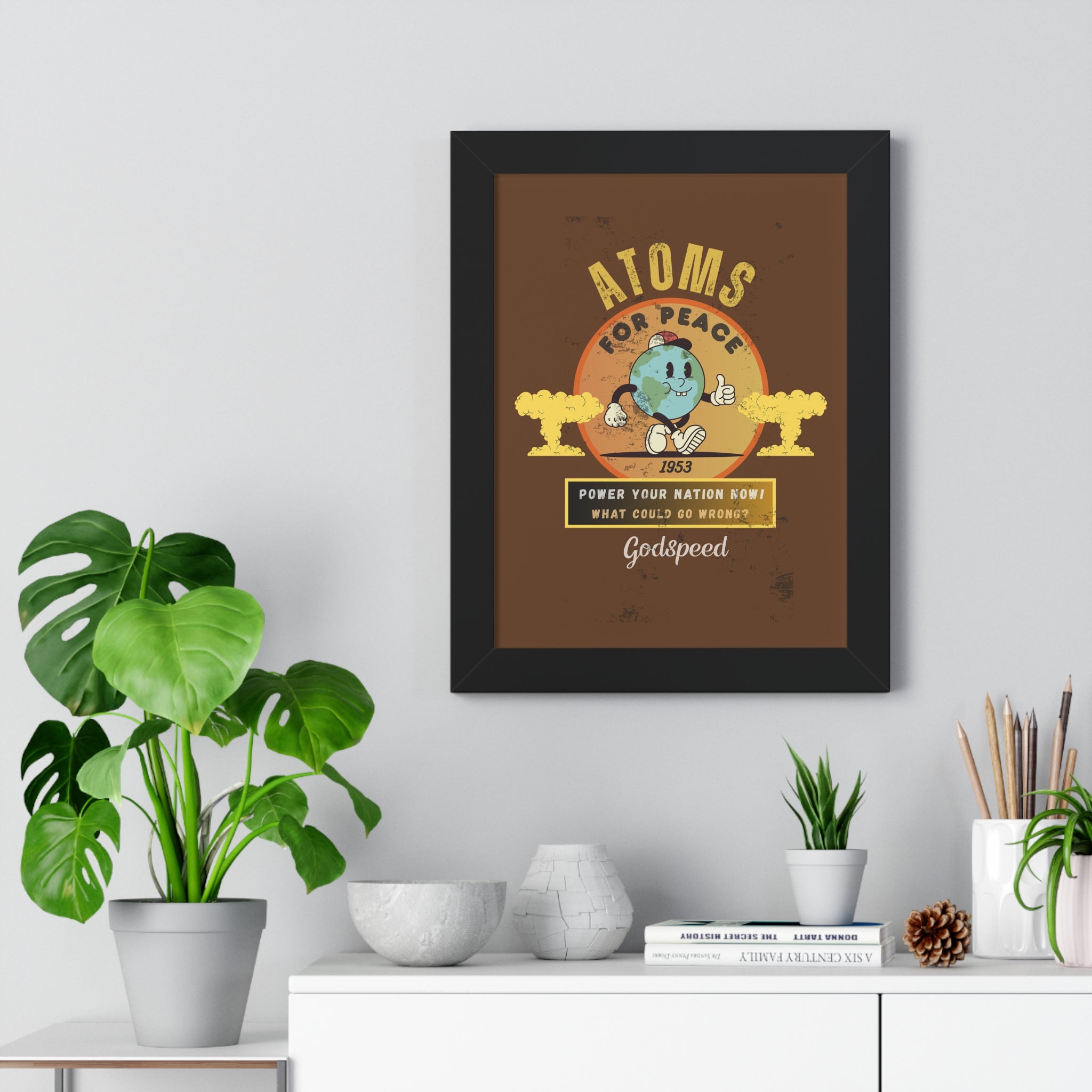Vintage Atoms for Peace Parody Ad Framed Vertical Poster Print - Guilty Kick Apparel