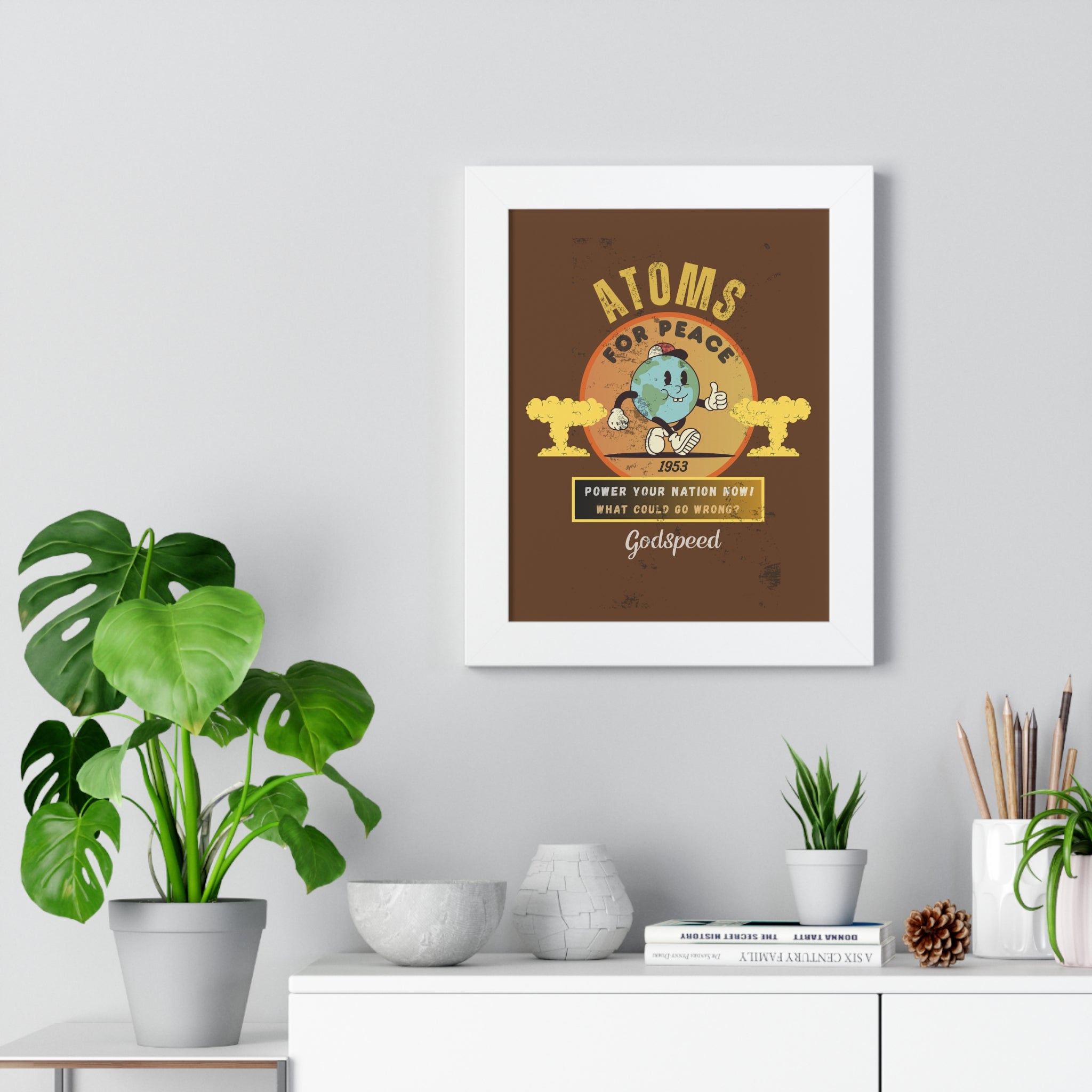Vintage Atoms for Peace Parody Ad Framed Vertical Poster Print - Guilty Kick Apparel
