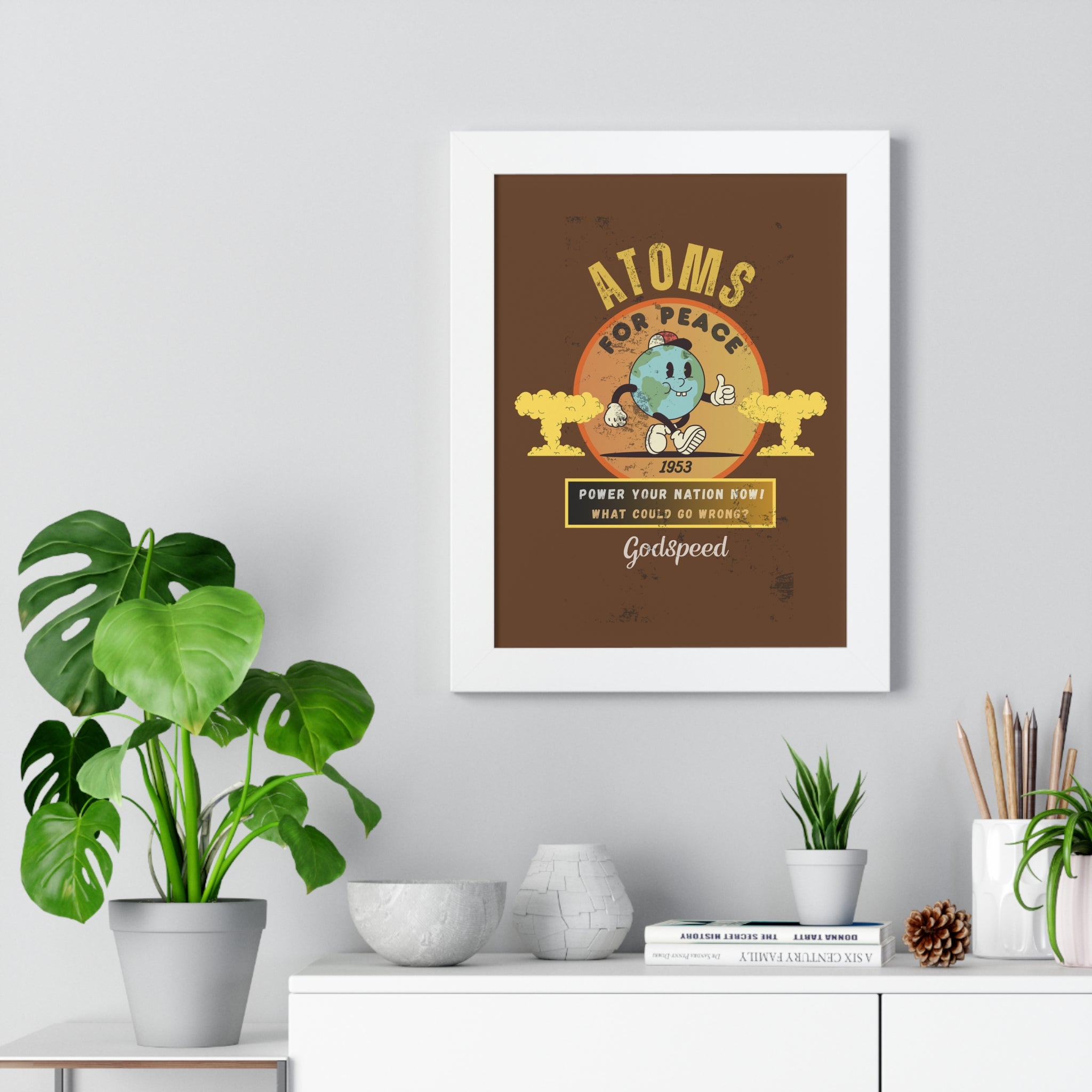 Vintage Atoms for Peace Parody Ad Framed Vertical Poster Print - Guilty Kick Apparel