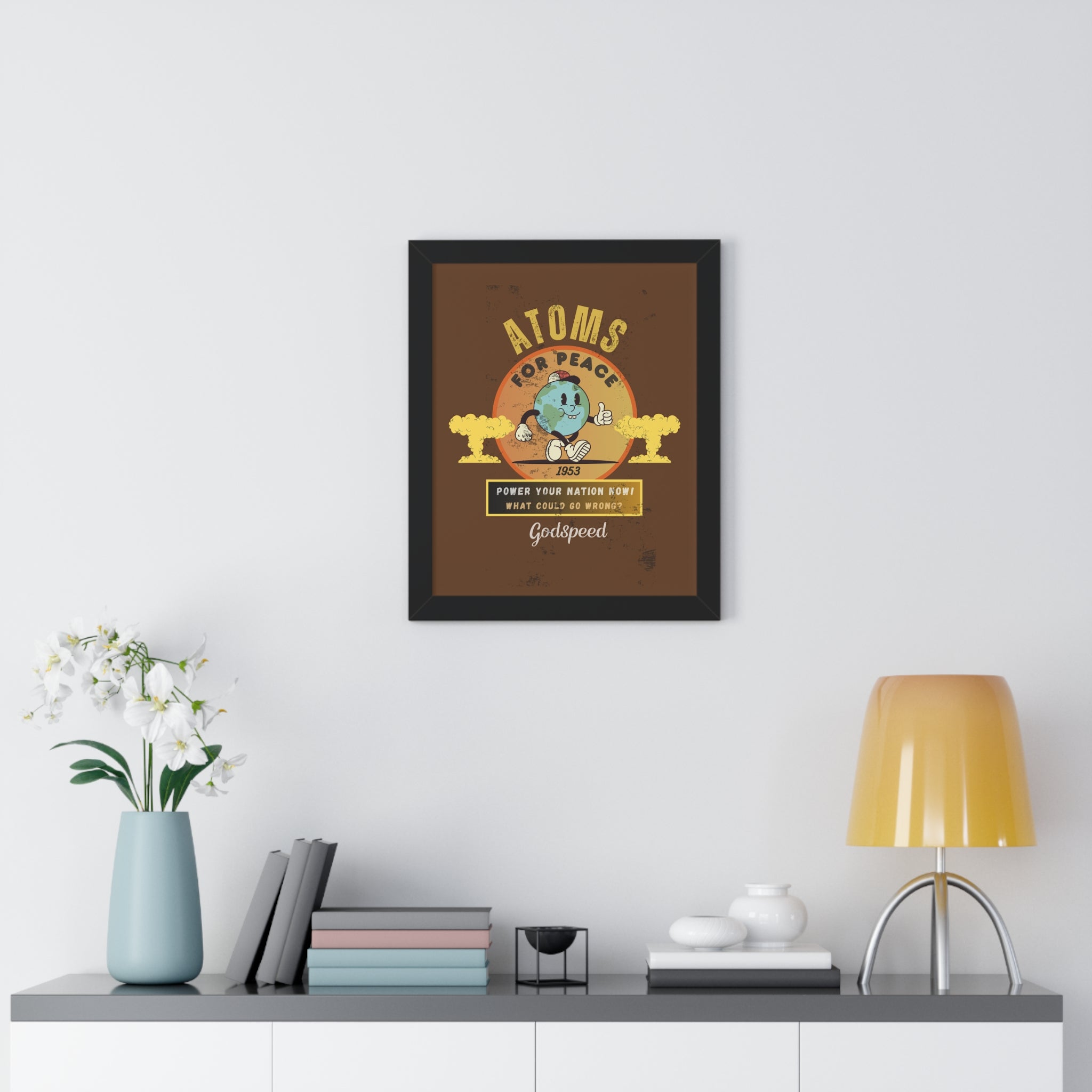 Vintage Atoms for Peace Parody Ad Framed Vertical Poster Print - Guilty Kick Apparel
