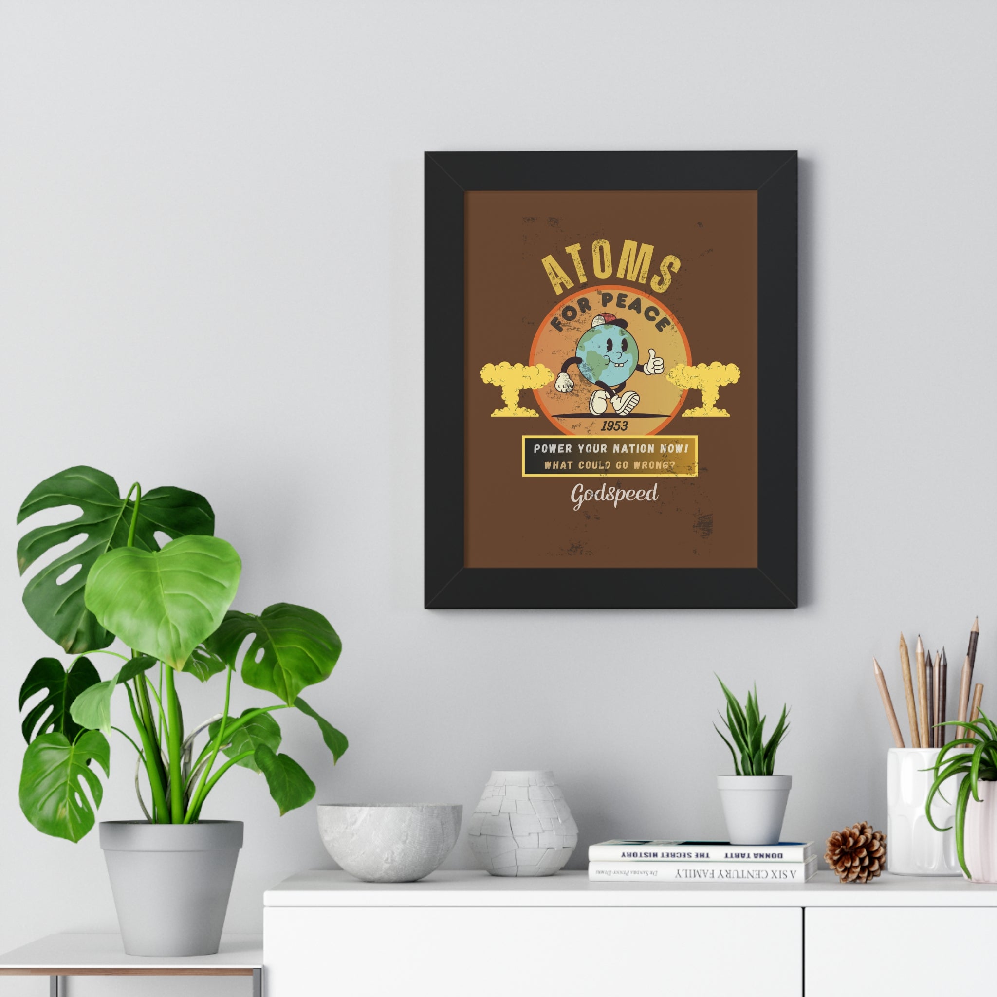 Vintage Atoms for Peace Parody Ad Framed Vertical Poster Print - Guilty Kick Apparel