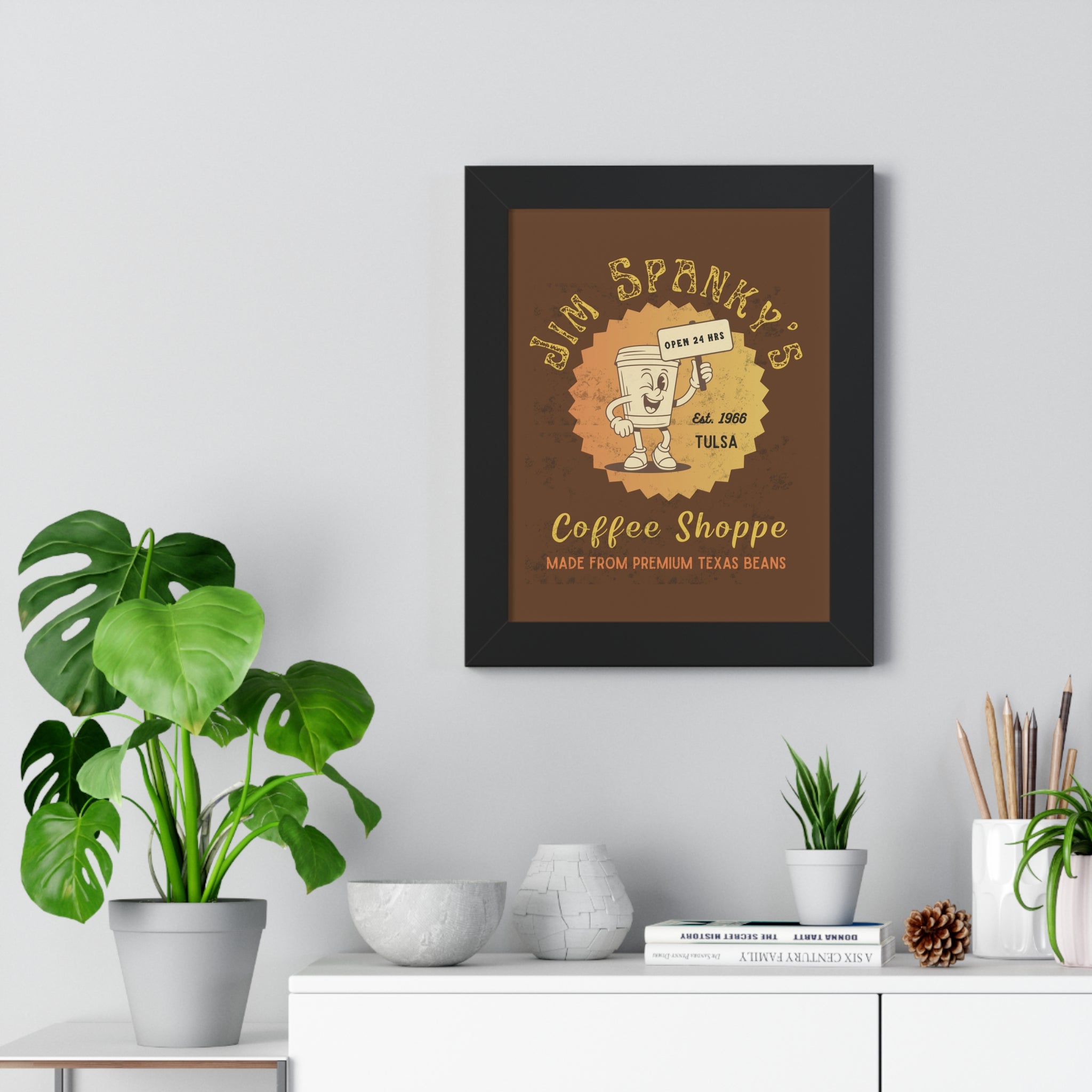 Vintage Coffee Shop Poster Framed, Wall Art 1966: Jim Spanky's Coffee Shoppe - Guilty Kick Apparel