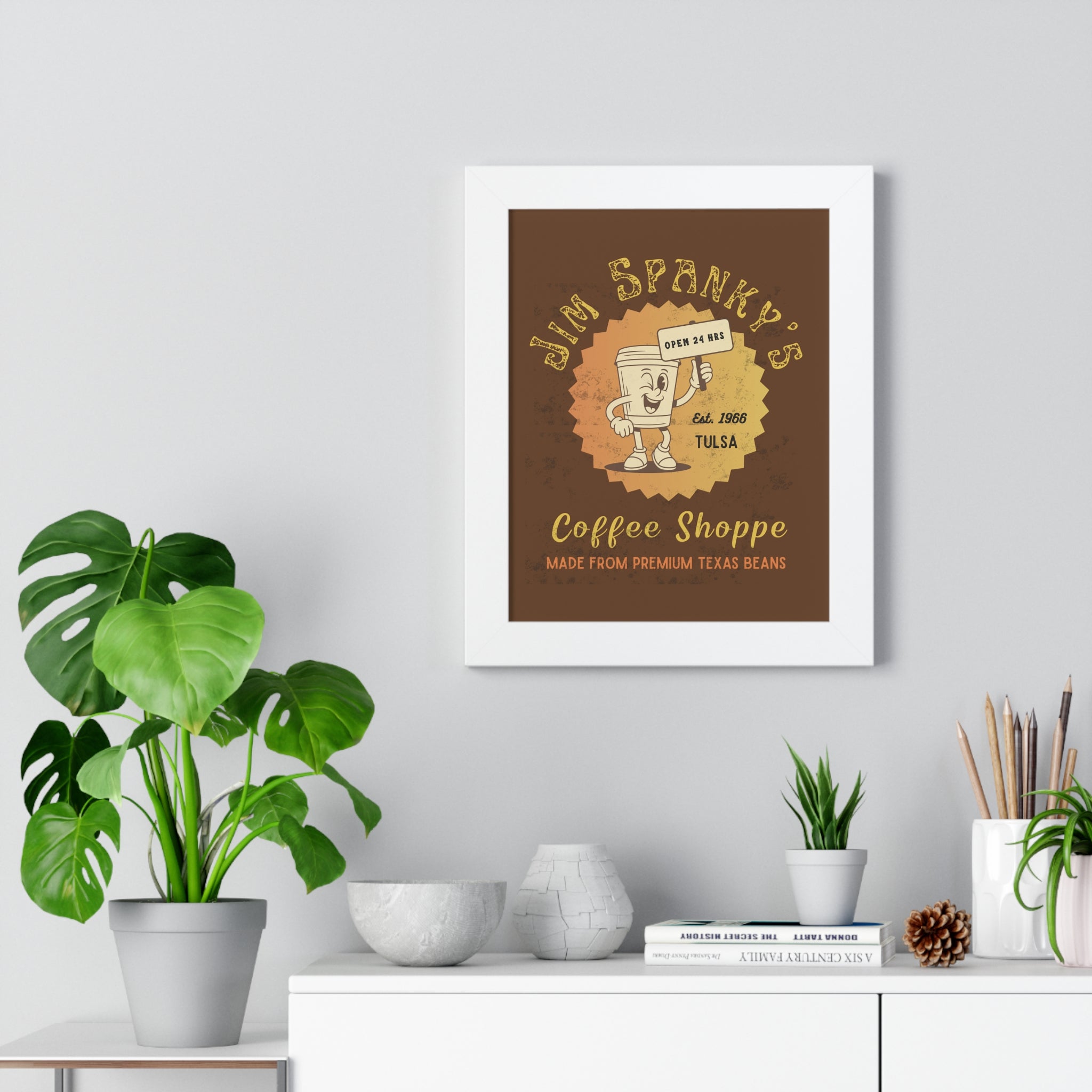 Vintage Coffee Shop Poster Framed, Wall Art 1966: Jim Spanky's Coffee Shoppe - Guilty Kick Apparel
