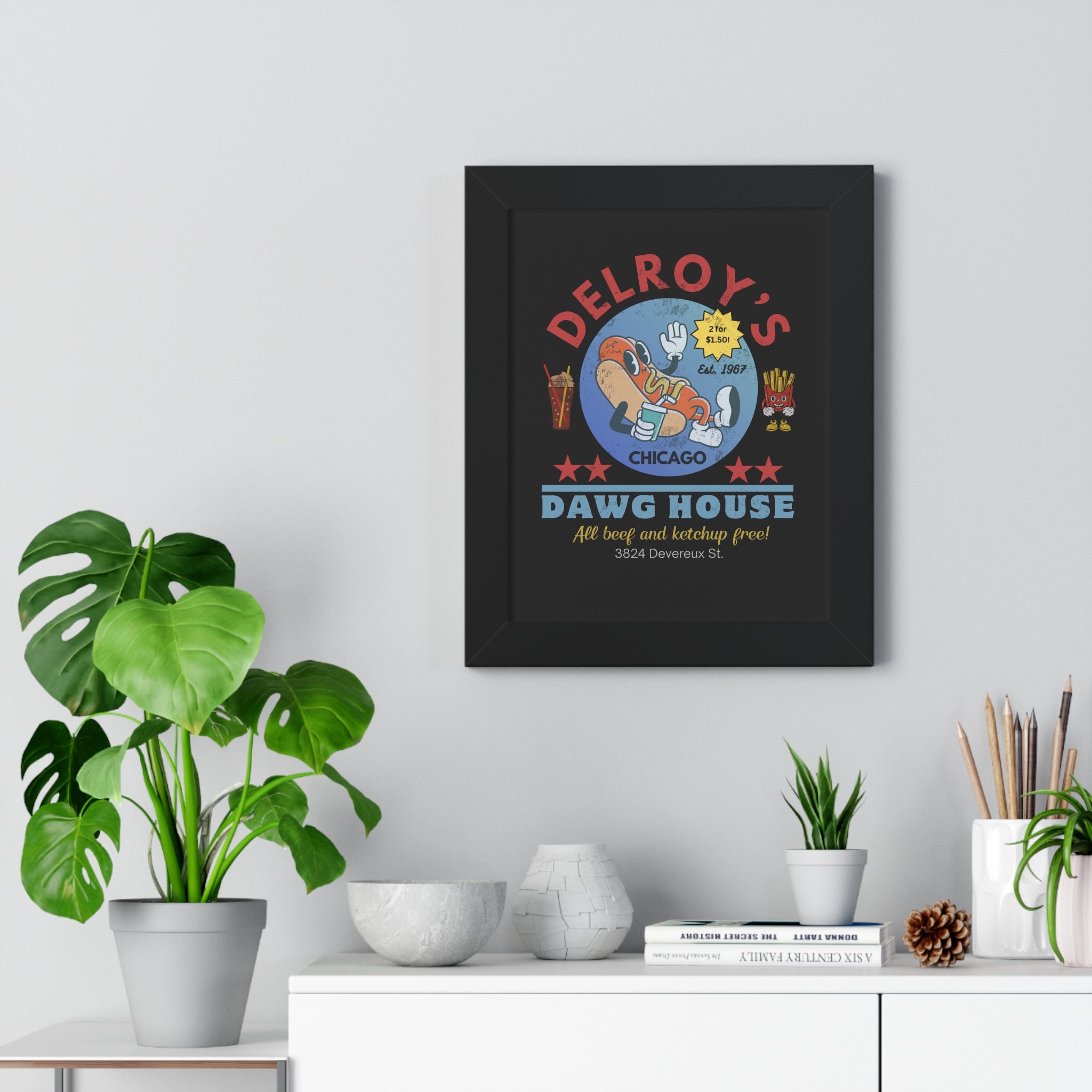 Vintage Hot Dog Restaurant Framed Vertical Poster, Chicago 1967 - Guilty Kick Apparel