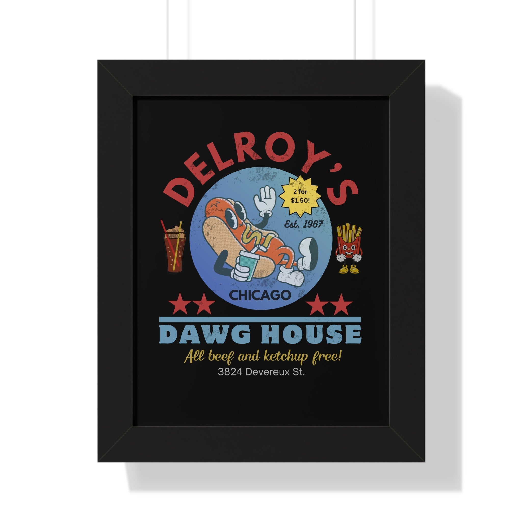 Vintage Hot Dog Restaurant Framed Vertical Poster, Chicago 1967 - Guilty Kick Apparel