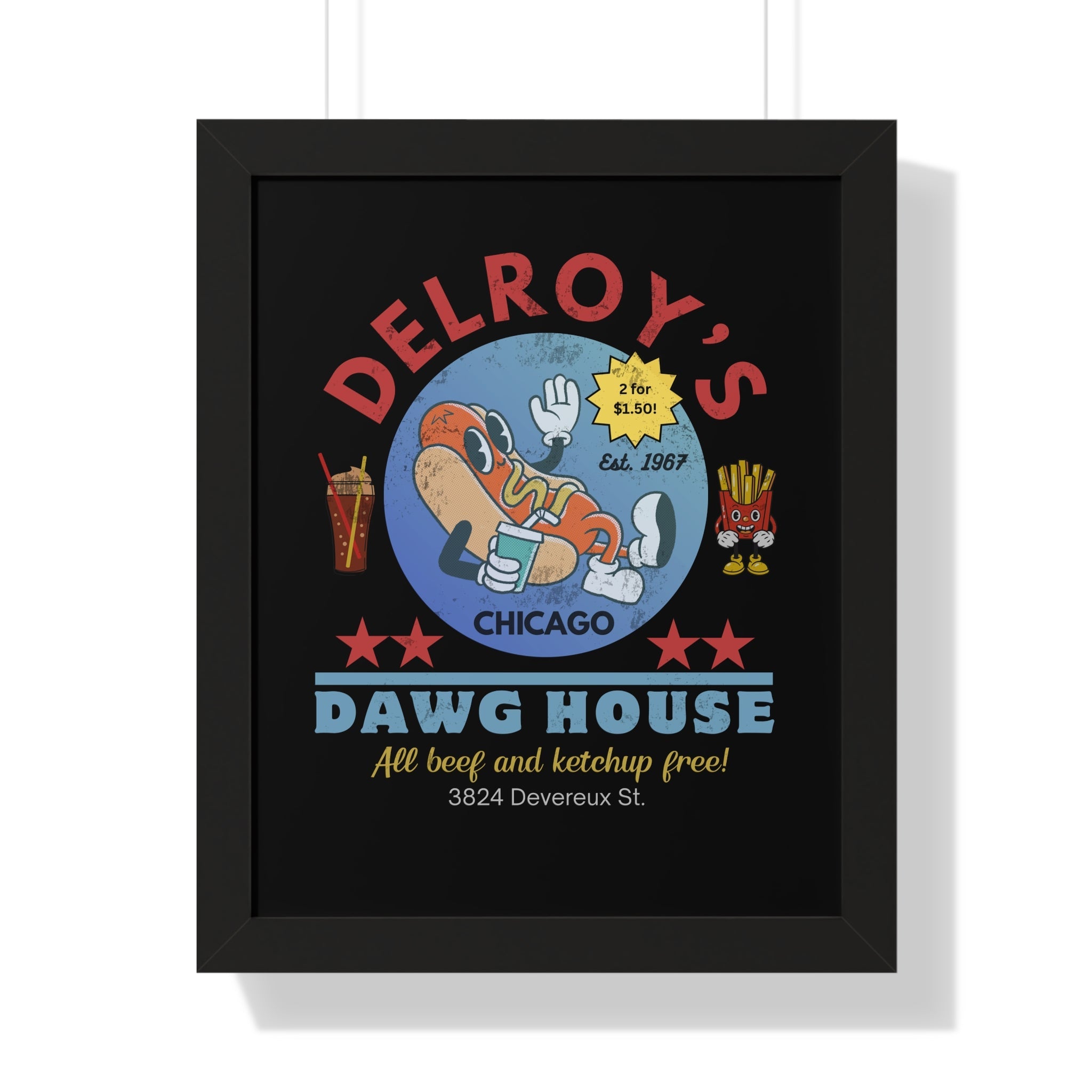 Vintage Hot Dog Restaurant Framed Vertical Poster, Chicago 1967 - Guilty Kick Apparel