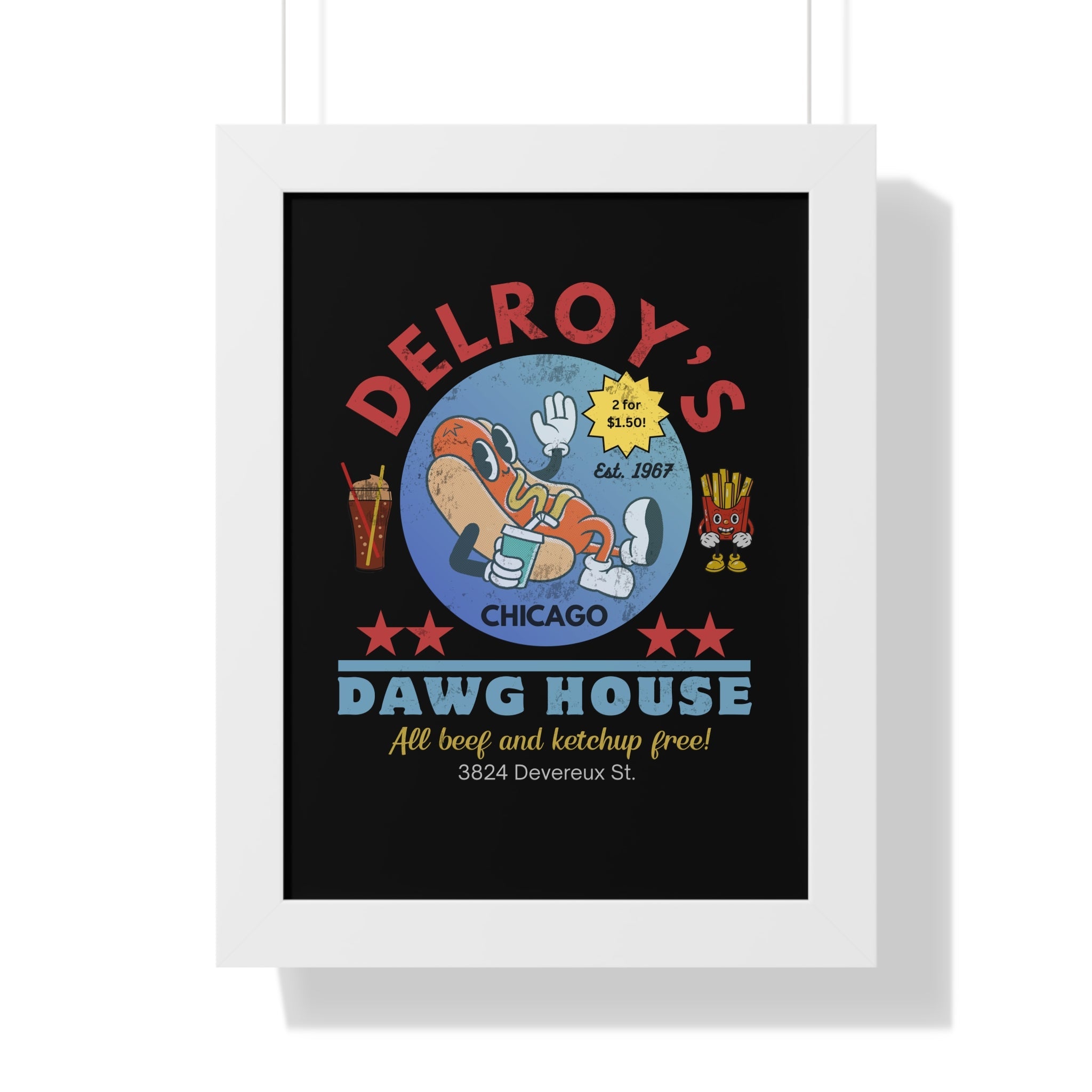 Vintage Hot Dog Restaurant Framed Vertical Poster, Chicago 1967 - Guilty Kick Apparel