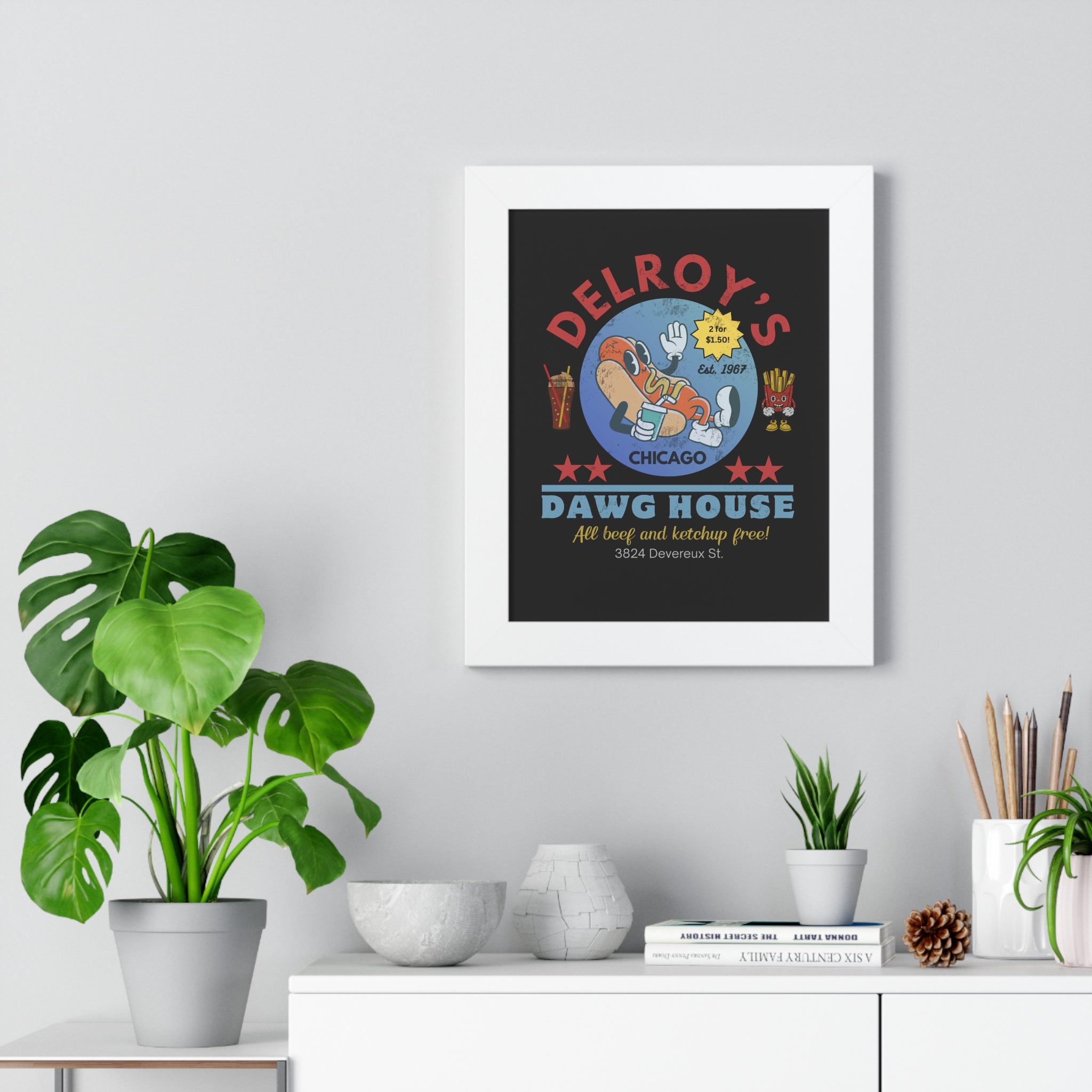Vintage Hot Dog Restaurant Framed Vertical Poster, Chicago 1967 - Guilty Kick Apparel