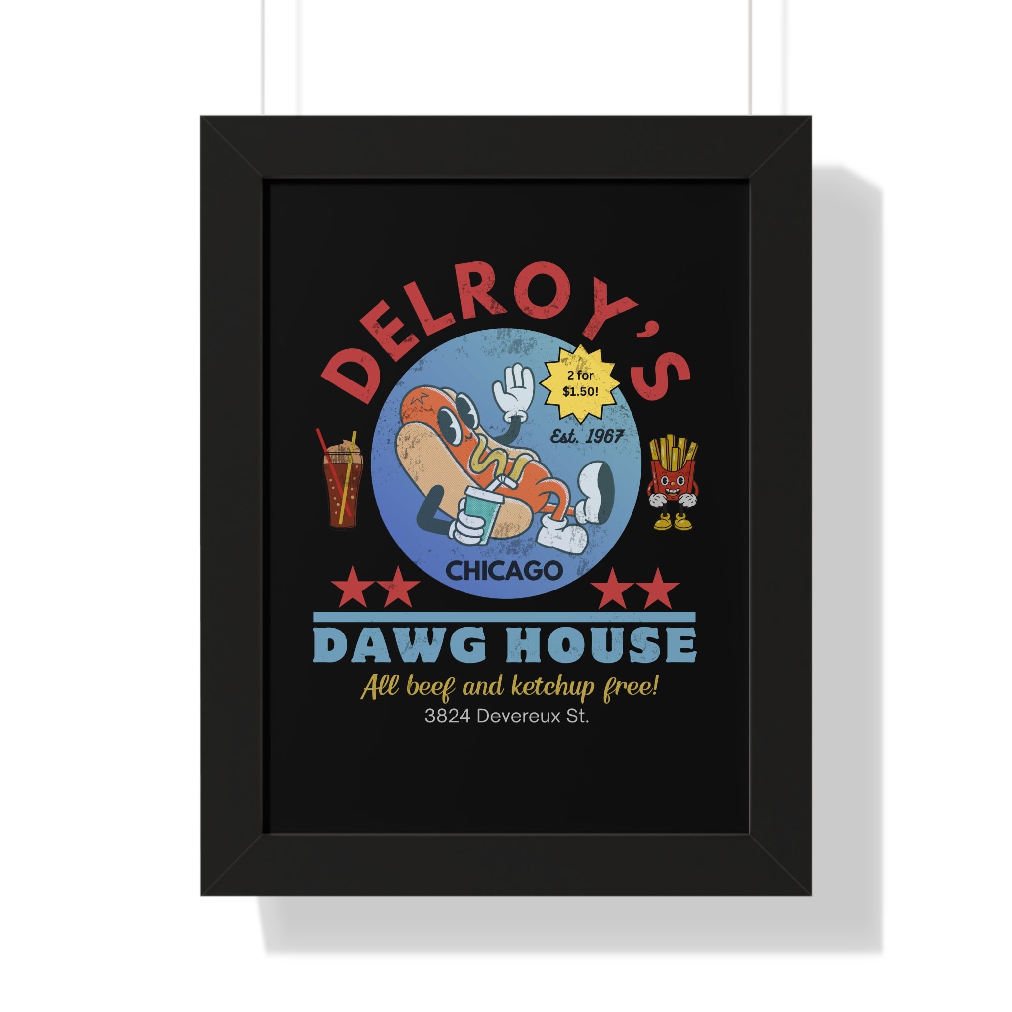 Vintage Hot Dog Restaurant Framed Vertical Poster, Chicago 1967 - Guilty Kick Apparel