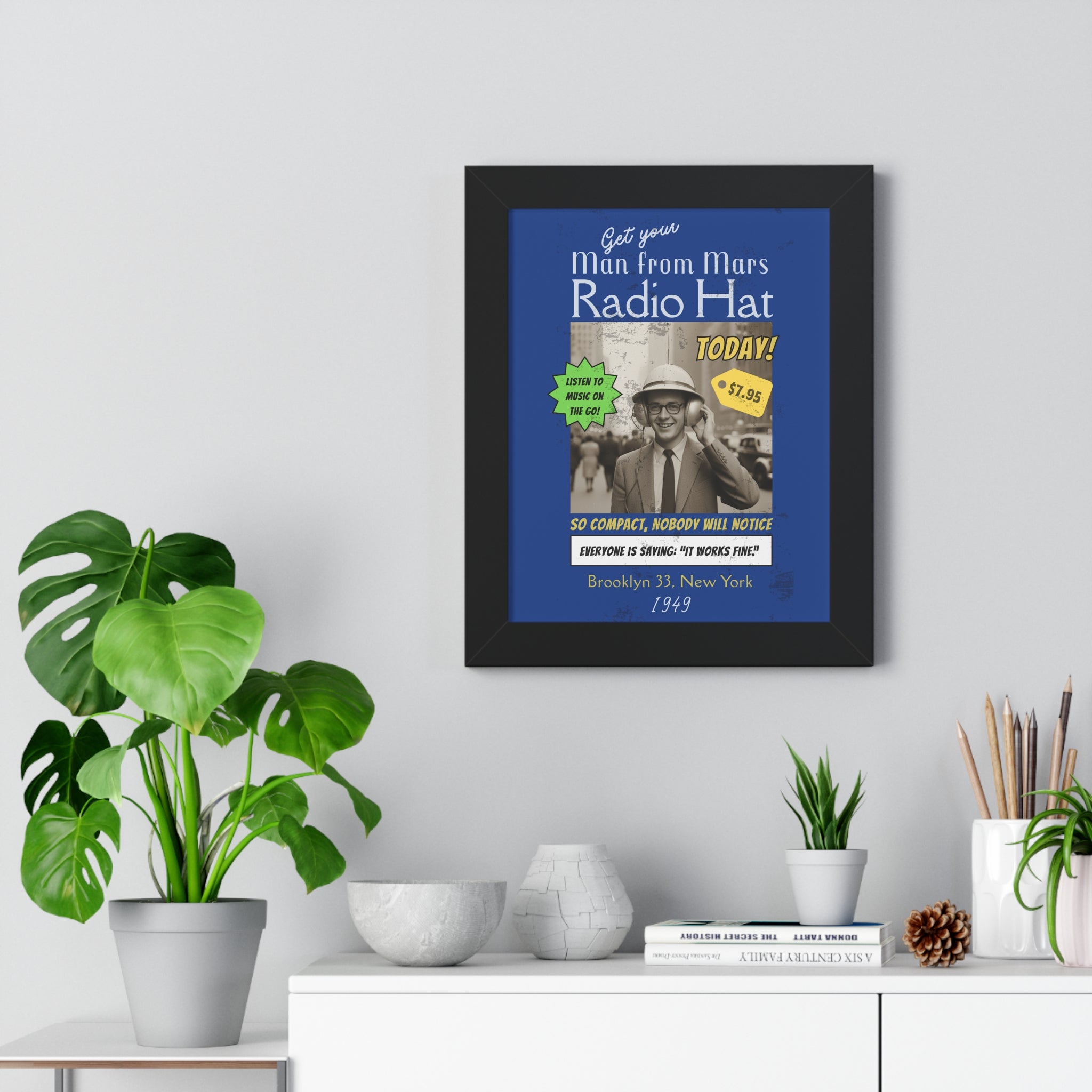 Vintage Radio Hat Man Framed Vertical Poster - Guilty Kick Apparel