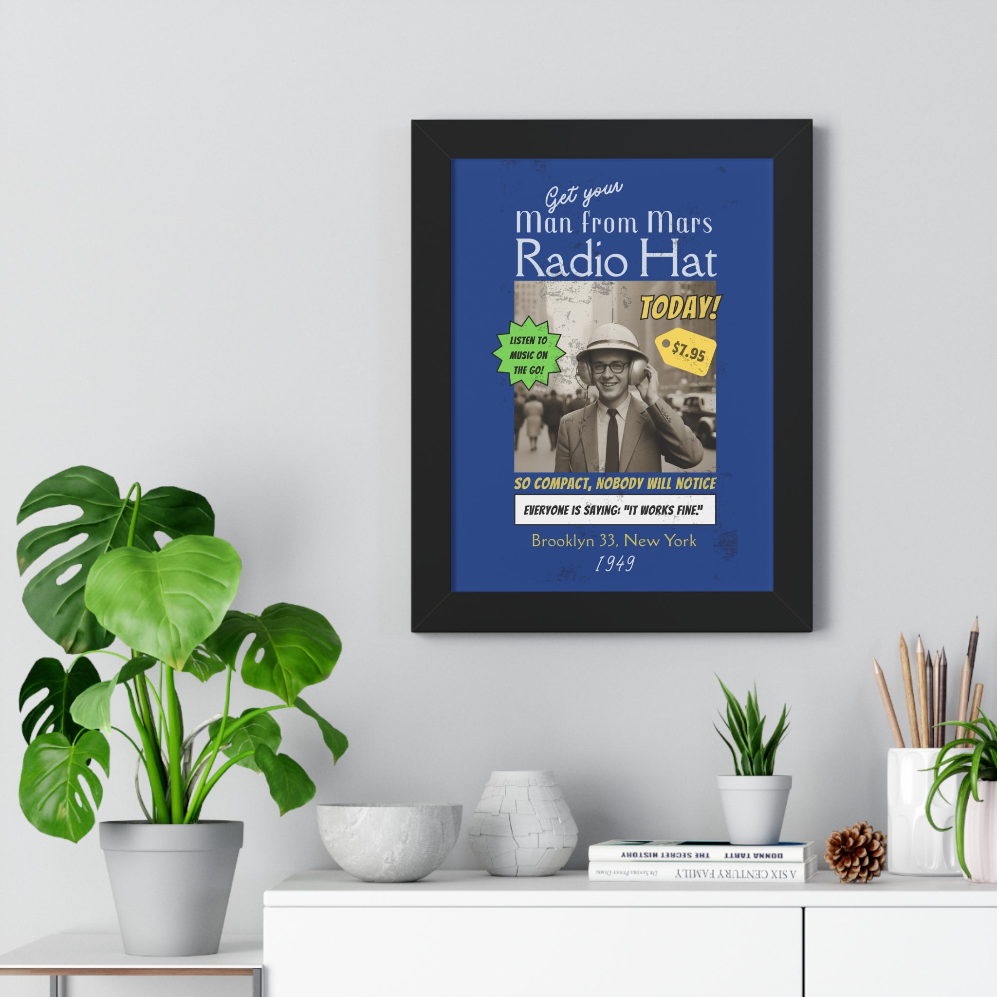 Vintage Radio Hat Man Framed Vertical Poster - Guilty Kick Apparel