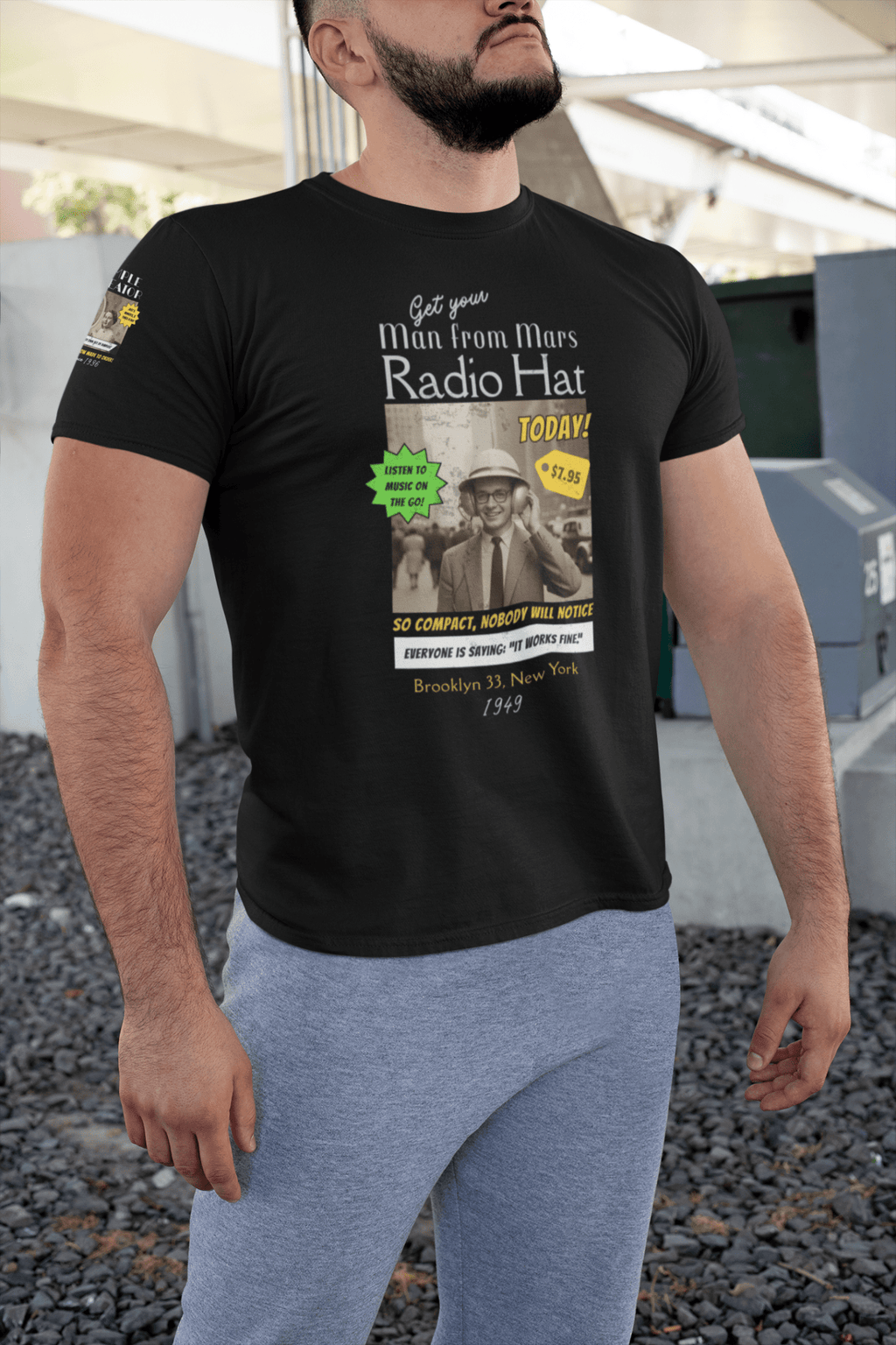 Vintage Radio Hat Man Graphic Tee, 1949 iPod Parody Shirt - Guilty Kick Apparel