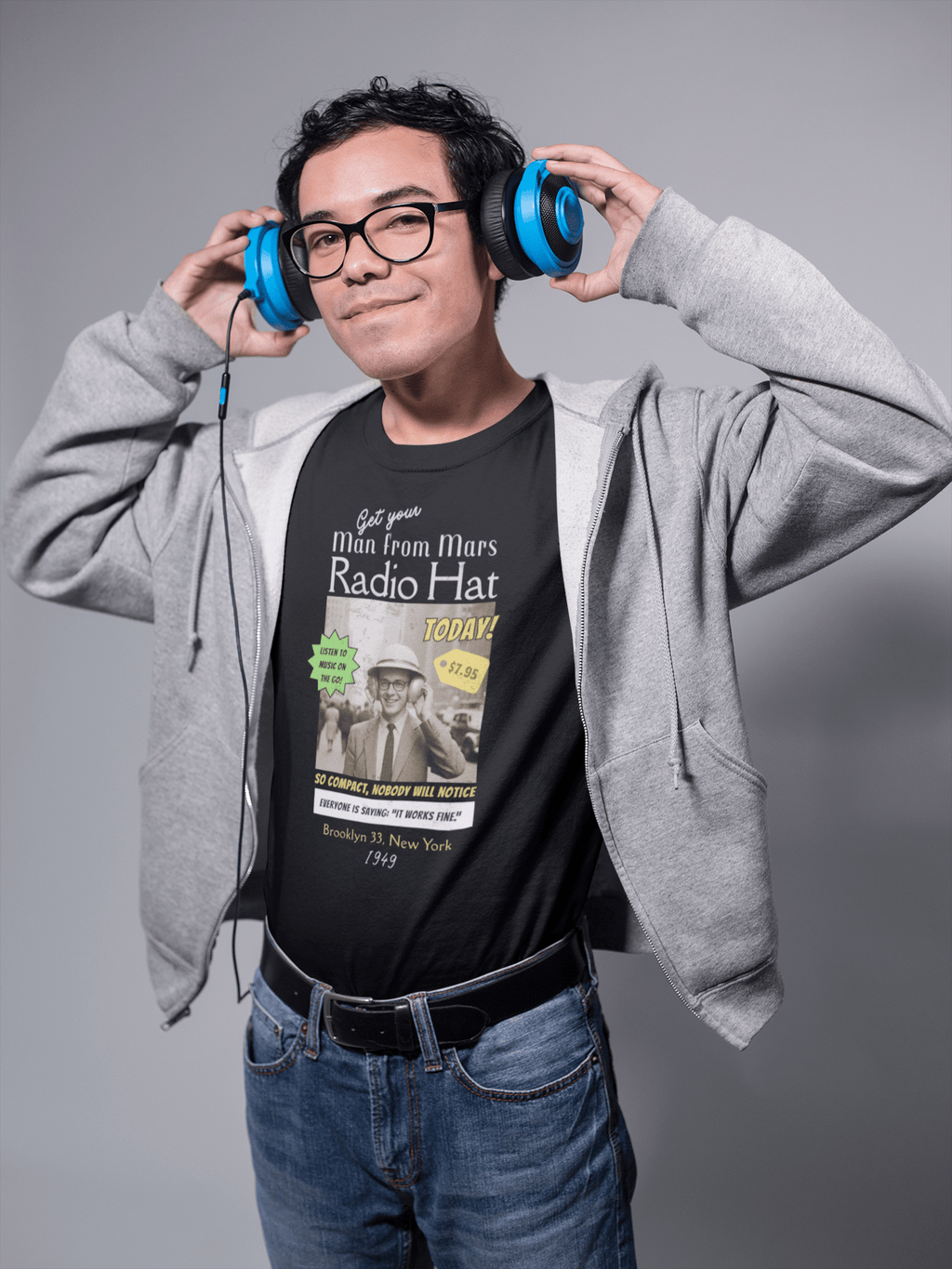 Vintage Radio Hat Man Graphic Tee, 1949 iPod Parody Shirt - Guilty Kick Apparel