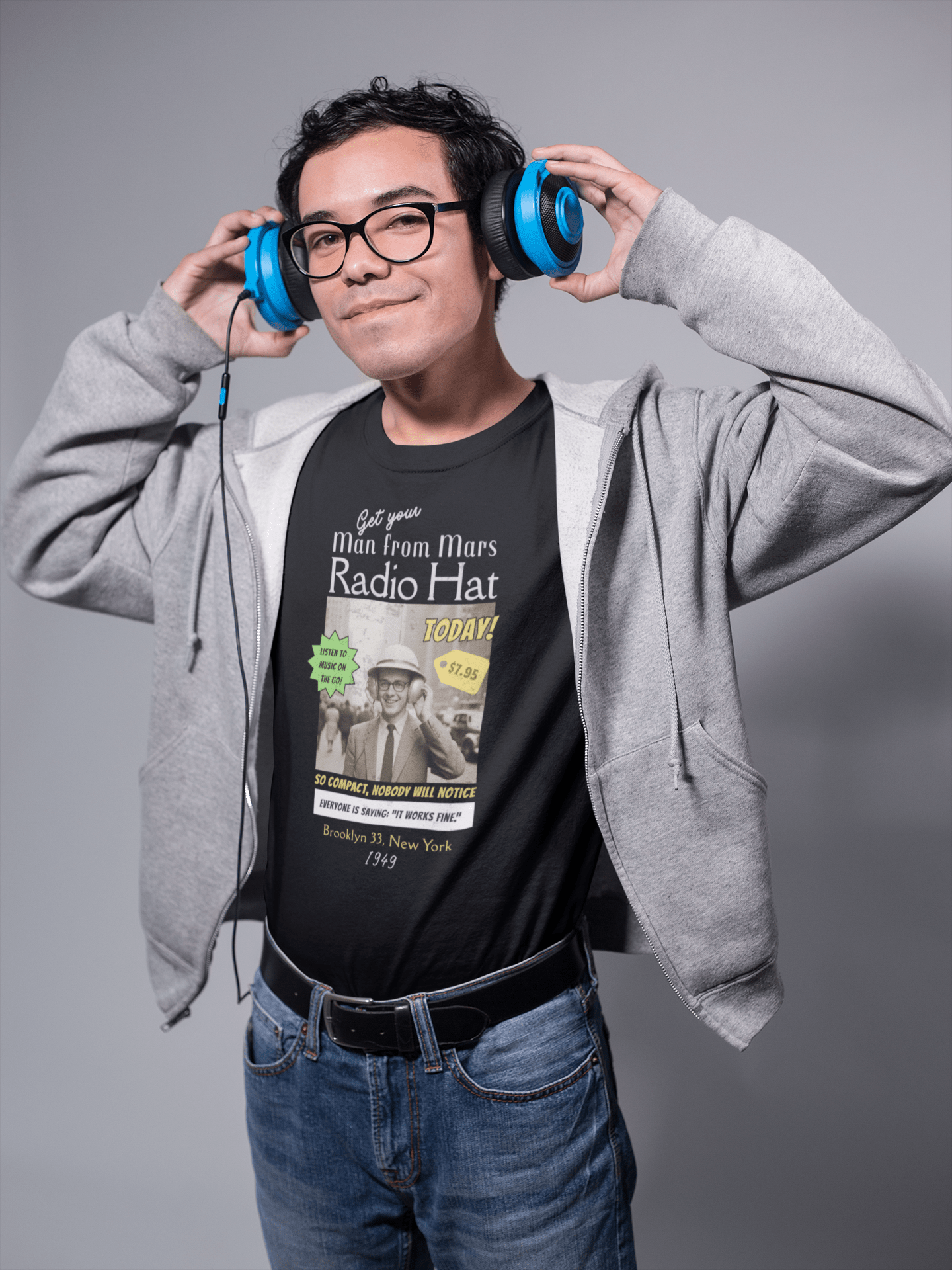 Vintage Radio Hat Man Graphic Tee, 1949 iPod Parody Shirt - Guilty Kick Apparel