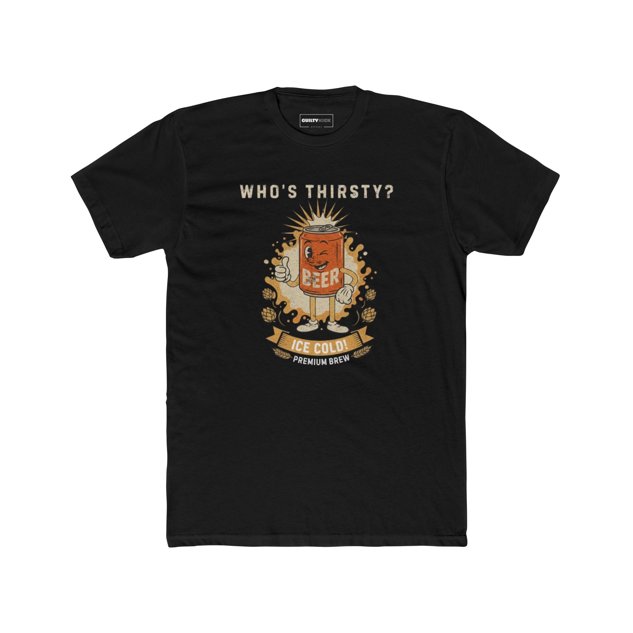Vintage "Who's Thirsty?" Retro Beer Can Graphic T-Shirt - Guilty Kick Apparel