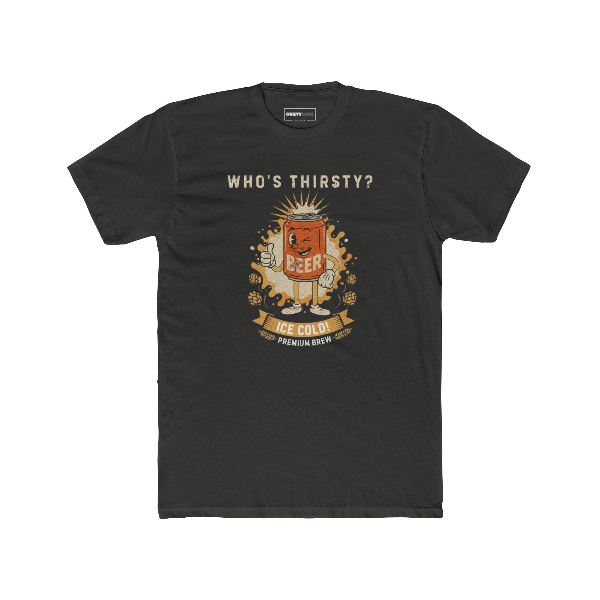 Vintage "Who's Thirsty?" Retro Beer Can Graphic T-Shirt - Guilty Kick Apparel