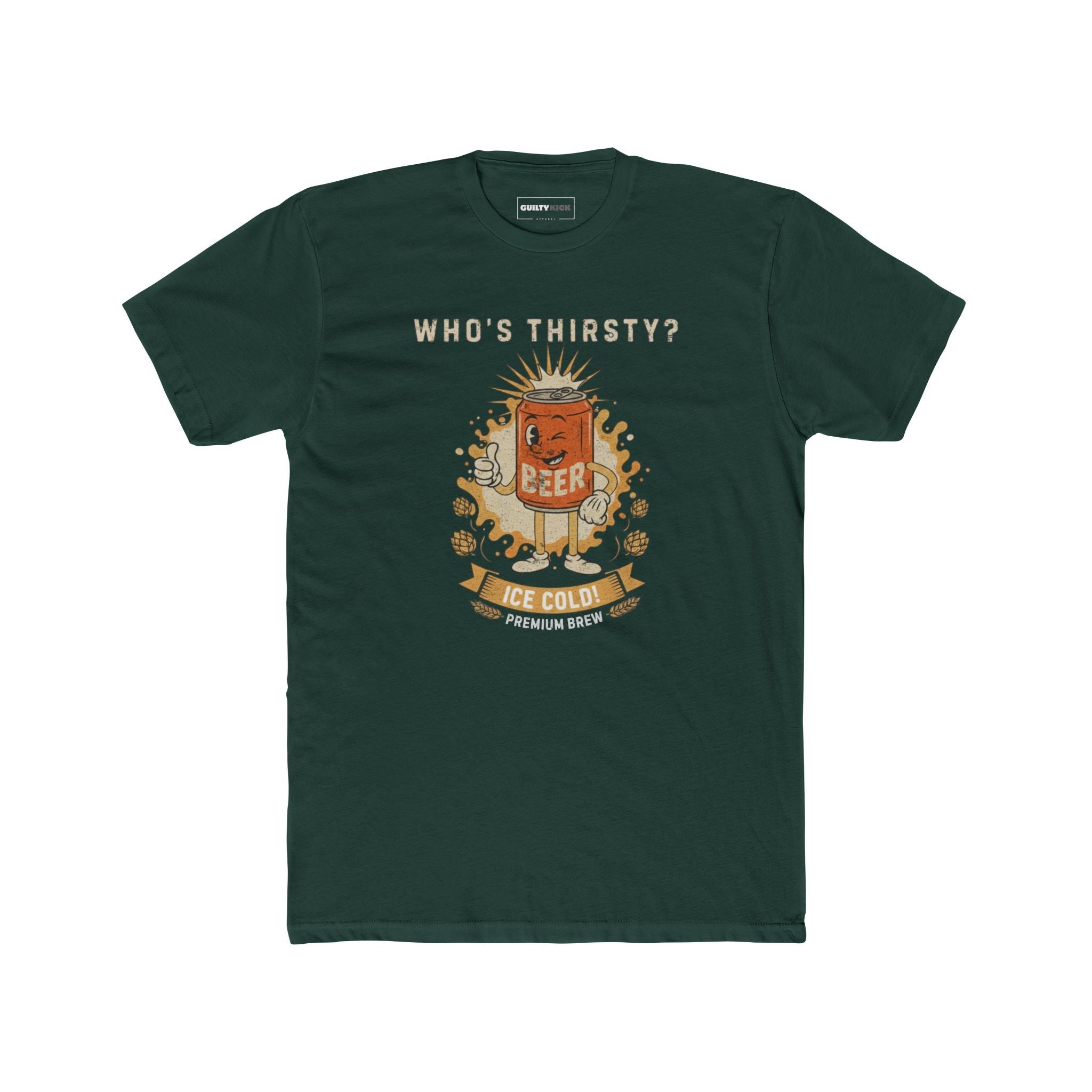 Vintage "Who's Thirsty?" Retro Beer Can Graphic T-Shirt - Guilty Kick Apparel