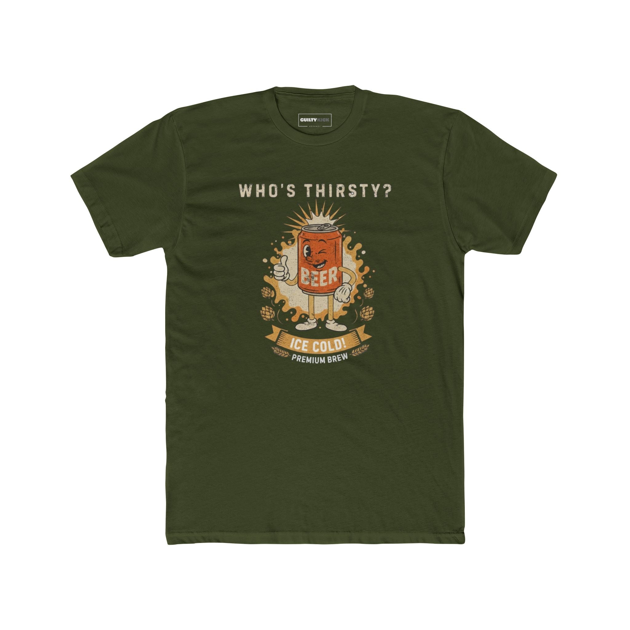 Vintage "Who's Thirsty?" Retro Beer Can Graphic T-Shirt - Guilty Kick Apparel