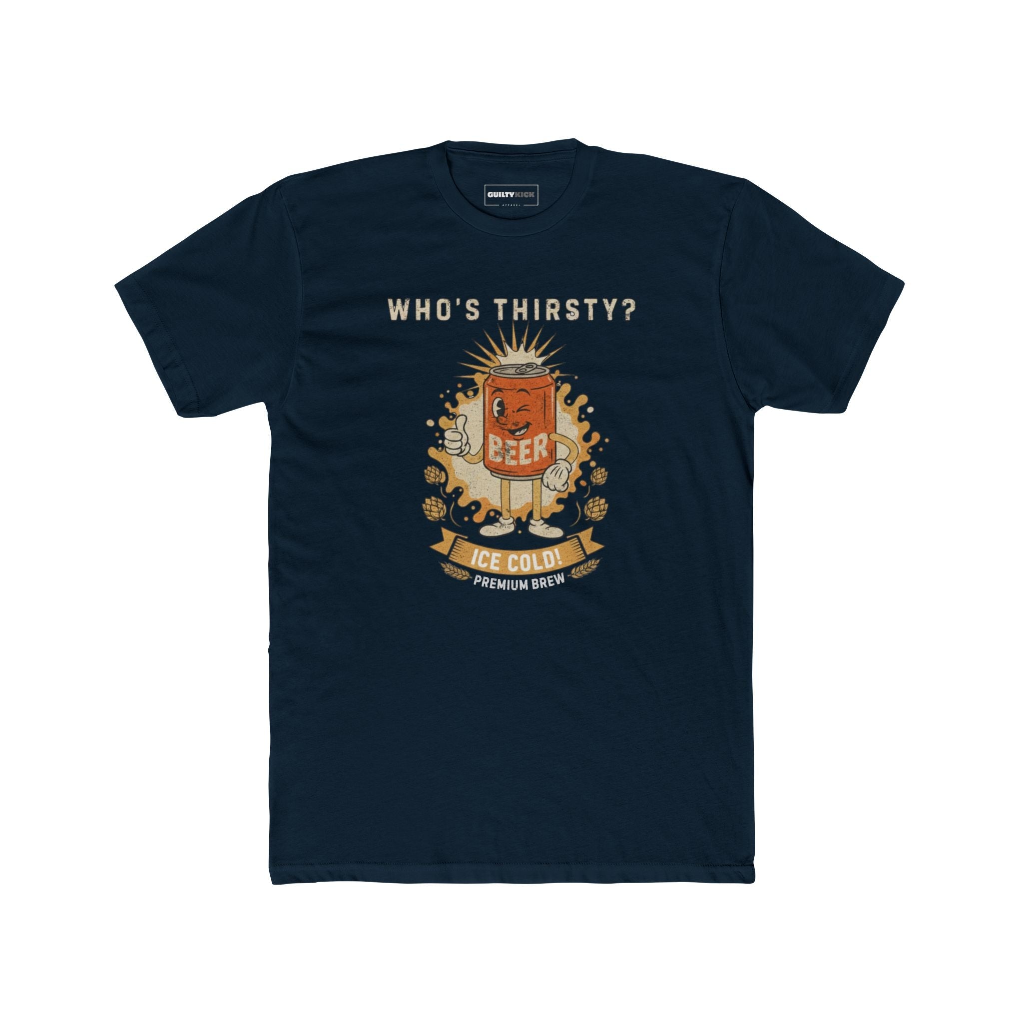Vintage "Who's Thirsty?" Retro Beer Can Graphic T-Shirt - Guilty Kick Apparel