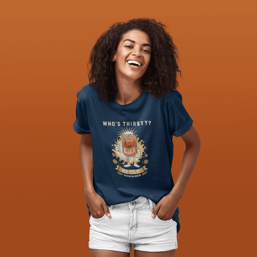 Vintage "Who's Thirsty?" Retro Beer Can Graphic T-Shirt - Guilty Kick Apparel