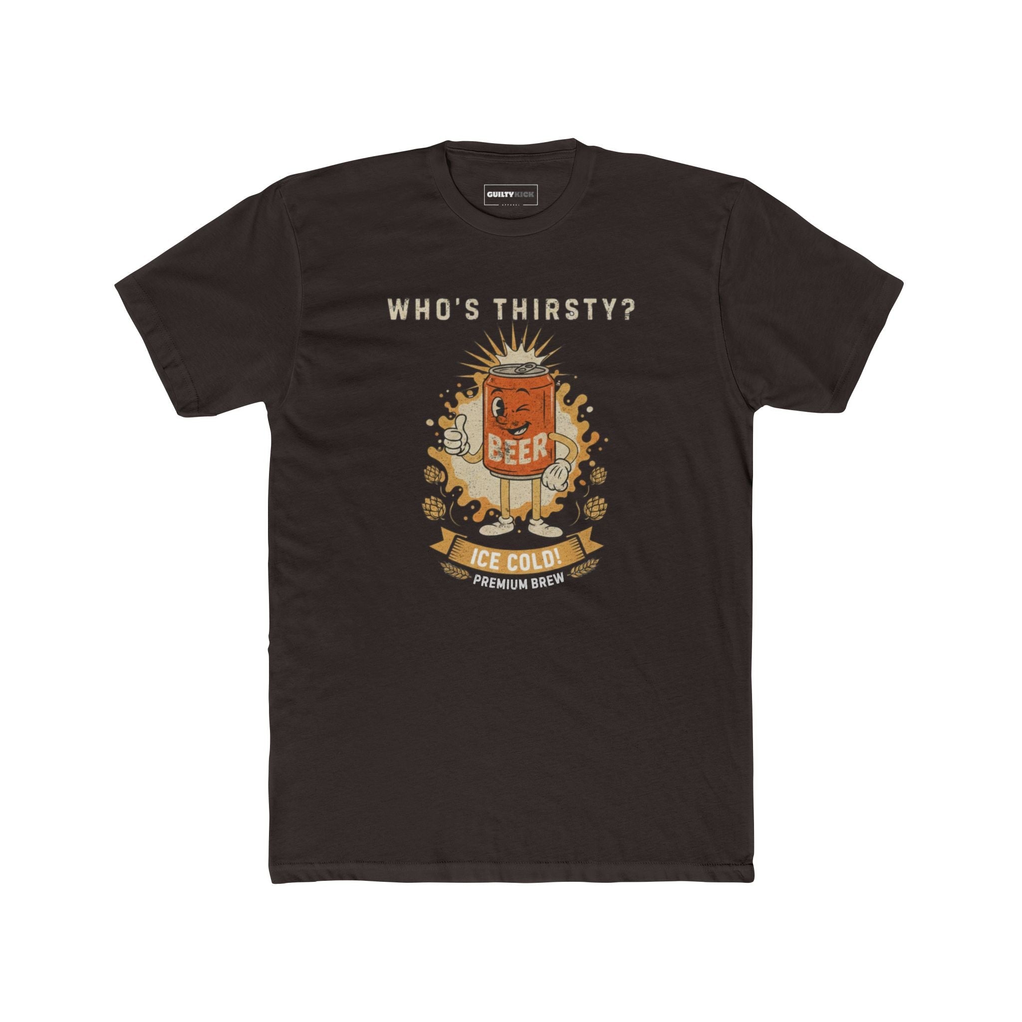 Vintage "Who's Thirsty?" Retro Beer Can Graphic T-Shirt - Guilty Kick Apparel