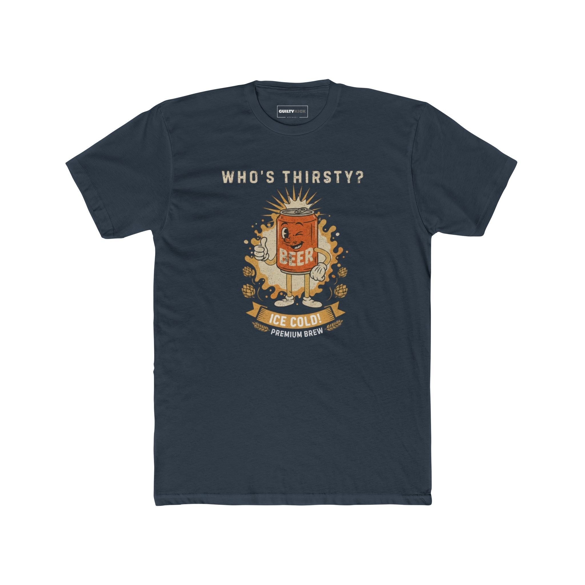 Vintage "Who's Thirsty?" Retro Beer Can Graphic T-Shirt - Guilty Kick Apparel