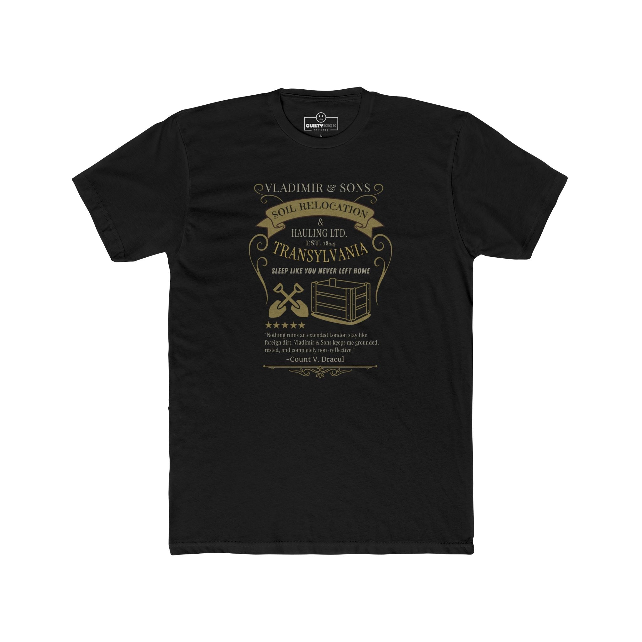Vladimir & Sons Soil Relocation Graphic Tee, Dracula Transylvania Dirt Hauling Satire Shirt, Vintage Gothic Vampire Parody Halloween T-Shirt - Guilty Kick Apparel