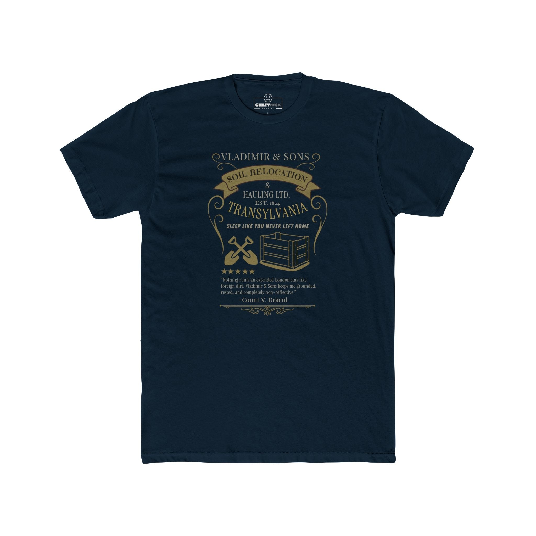 Vladimir & Sons Soil Relocation Graphic Tee, Dracula Transylvania Dirt Hauling Satire Shirt, Vintage Gothic Vampire Parody Halloween T-Shirt - Guilty Kick Apparel