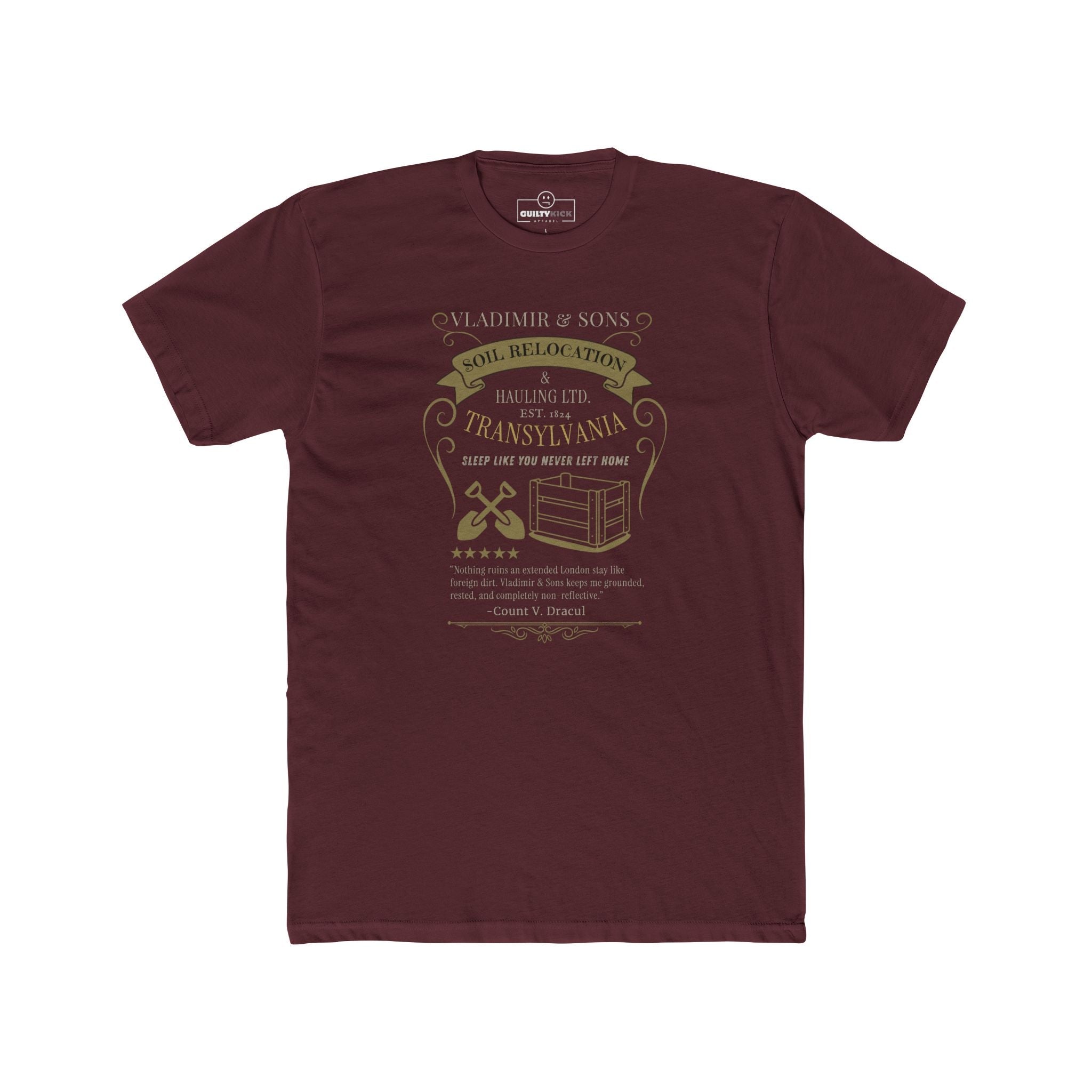Vladimir & Sons Soil Relocation Graphic Tee, Dracula Transylvania Dirt Hauling Satire Shirt, Vintage Gothic Vampire Parody Halloween T-Shirt - Guilty Kick Apparel