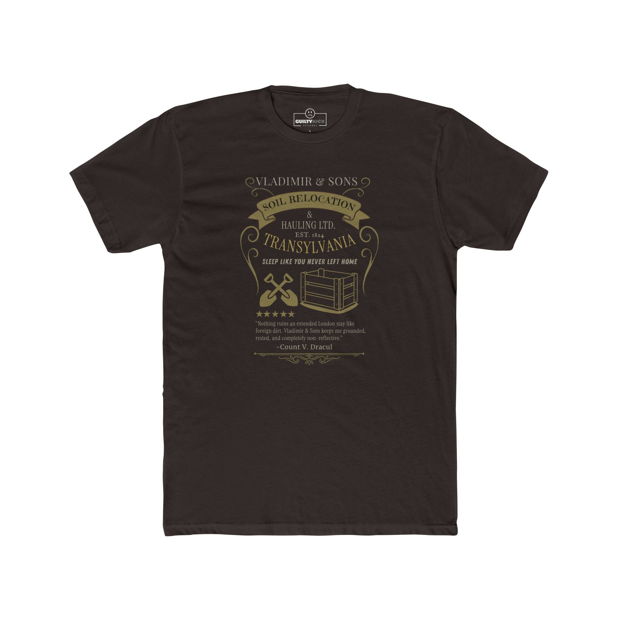 Vladimir & Sons Soil Relocation Graphic Tee, Dracula Transylvania Dirt Hauling Satire Shirt, Vintage Gothic Vampire Parody Halloween T-Shirt - Guilty Kick Apparel