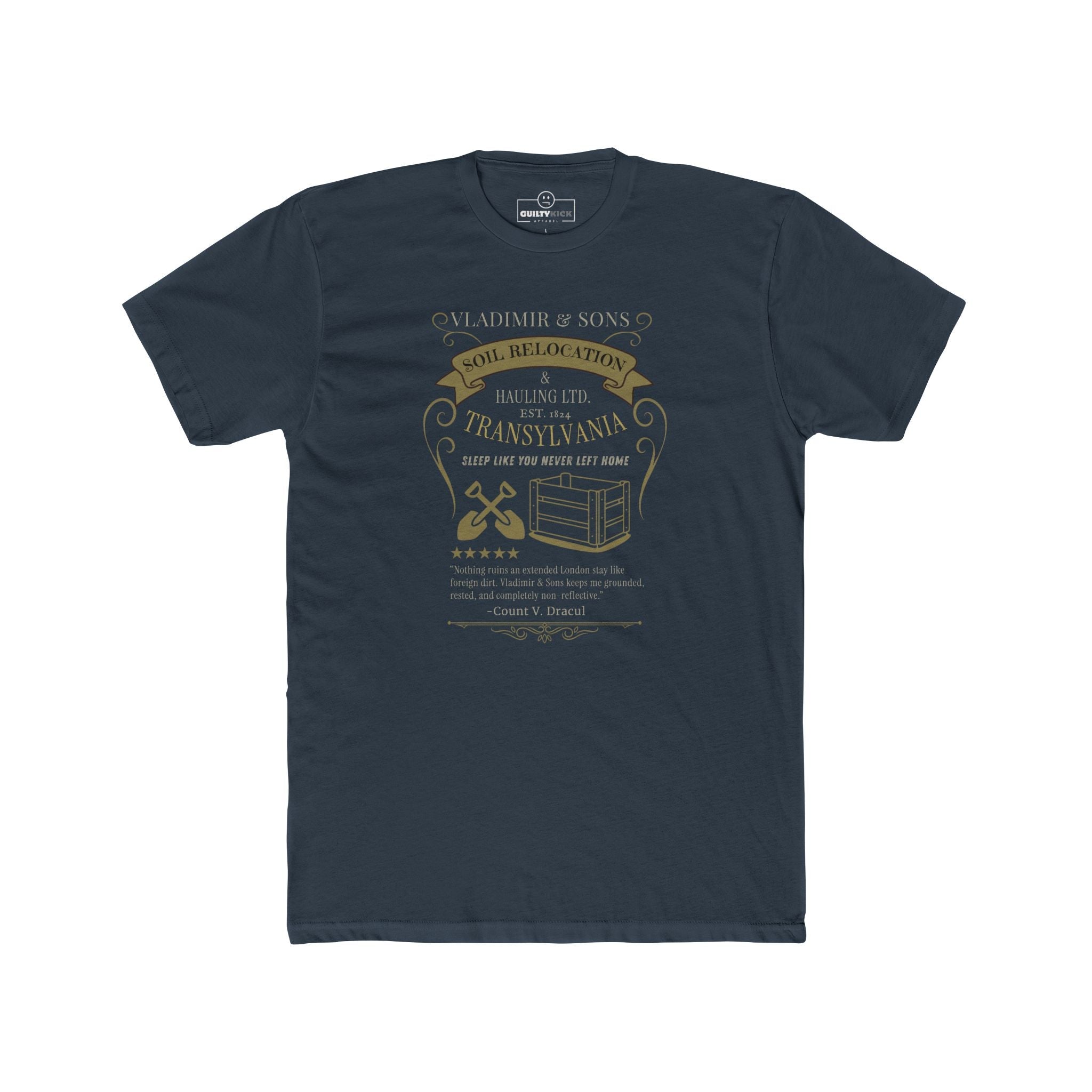Vladimir & Sons Soil Relocation Graphic Tee, Dracula Transylvania Dirt Hauling Satire Shirt, Vintage Gothic Vampire Parody Halloween T-Shirt - Guilty Kick Apparel