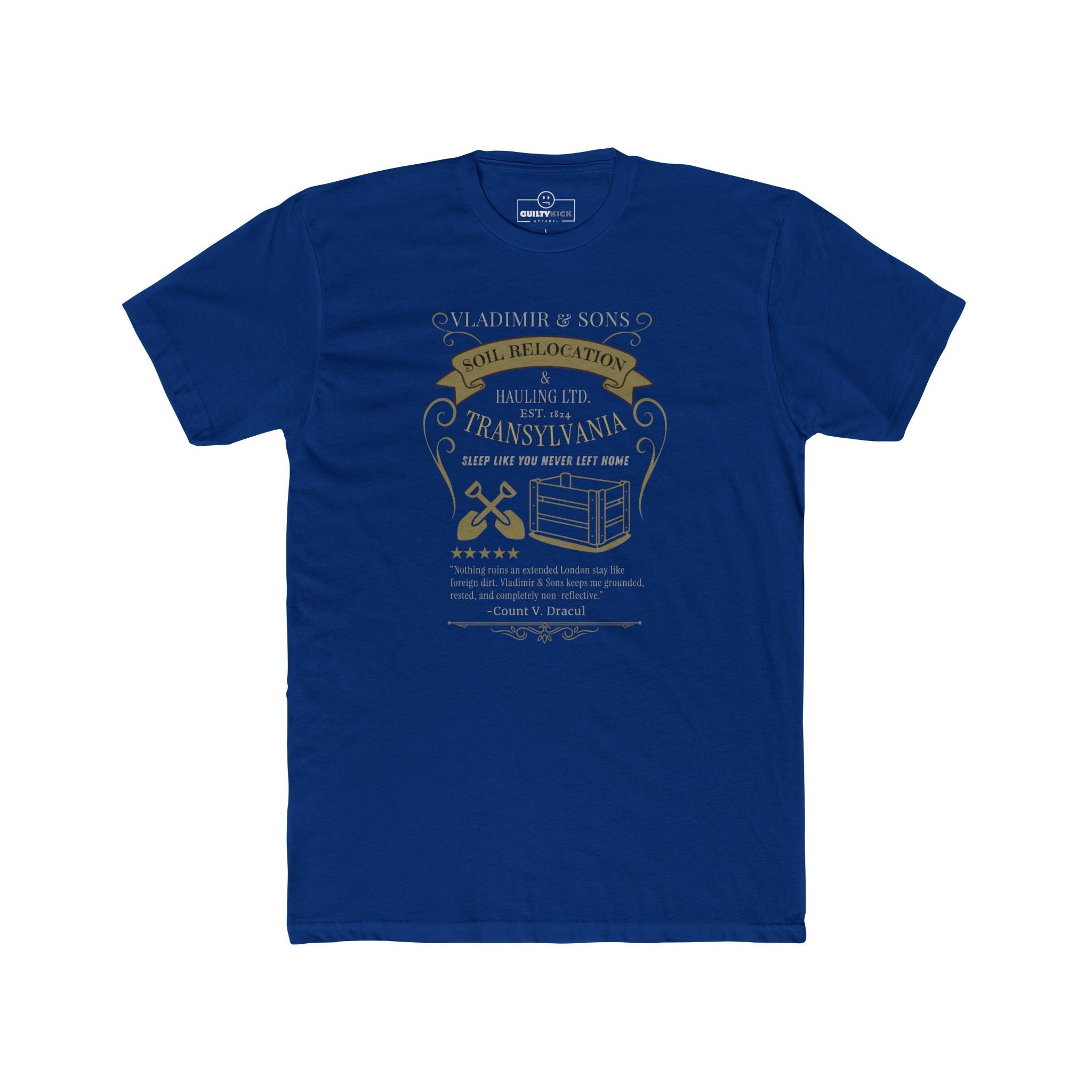 Vladimir & Sons Soil Relocation Graphic Tee, Dracula Transylvania Dirt Hauling Satire Shirt, Vintage Gothic Vampire Parody Halloween T-Shirt - Guilty Kick Apparel