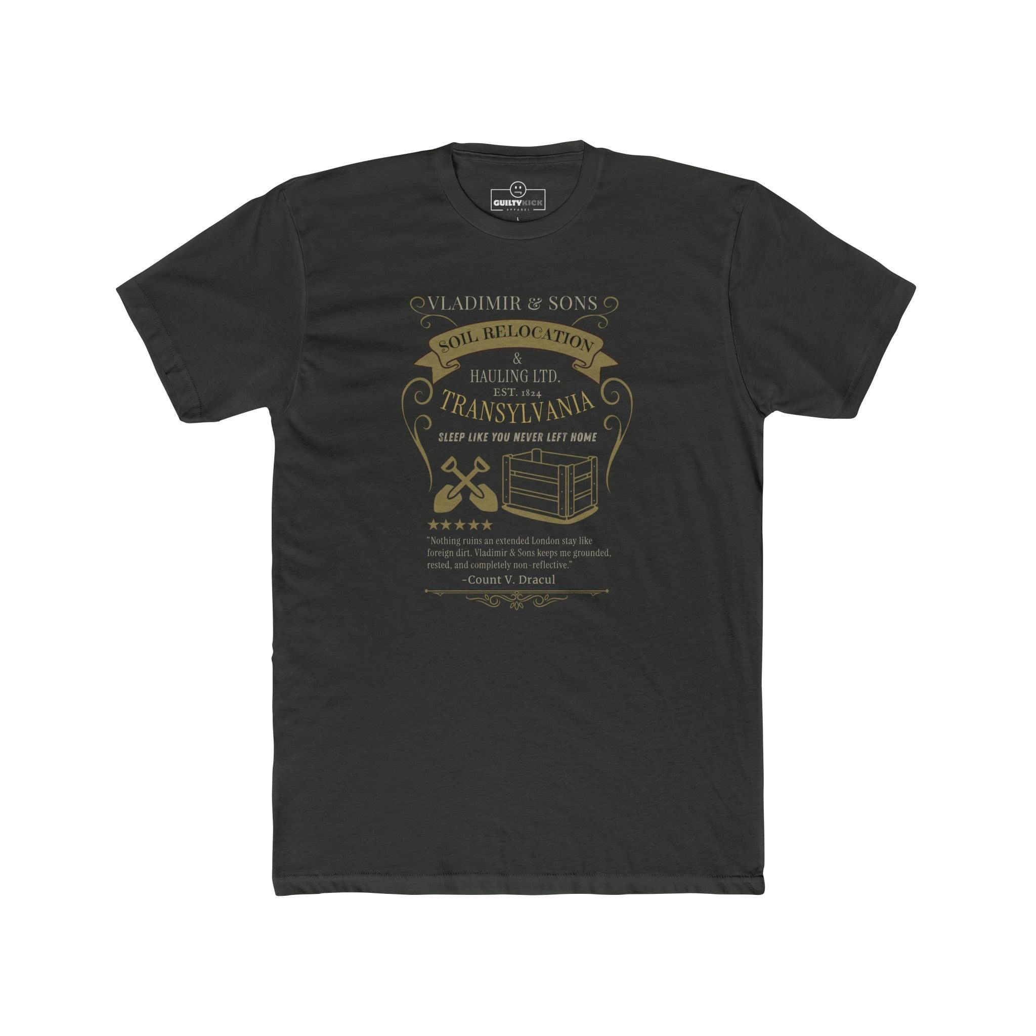 Vladimir & Sons Soil Relocation Graphic Tee, Dracula Transylvania Dirt Hauling Satire Shirt, Vintage Gothic Vampire Parody Halloween T-Shirt - Guilty Kick Apparel