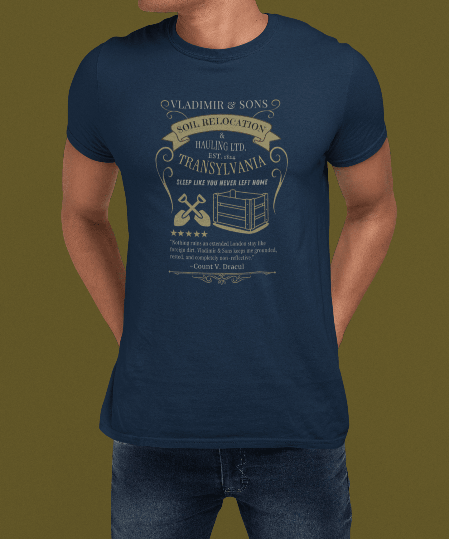 Vladimir & Sons Soil Relocation Graphic Tee, Dracula Transylvania Dirt Hauling Satire Shirt, Vintage Gothic Vampire Parody Halloween T-Shirt - Guilty Kick Apparel