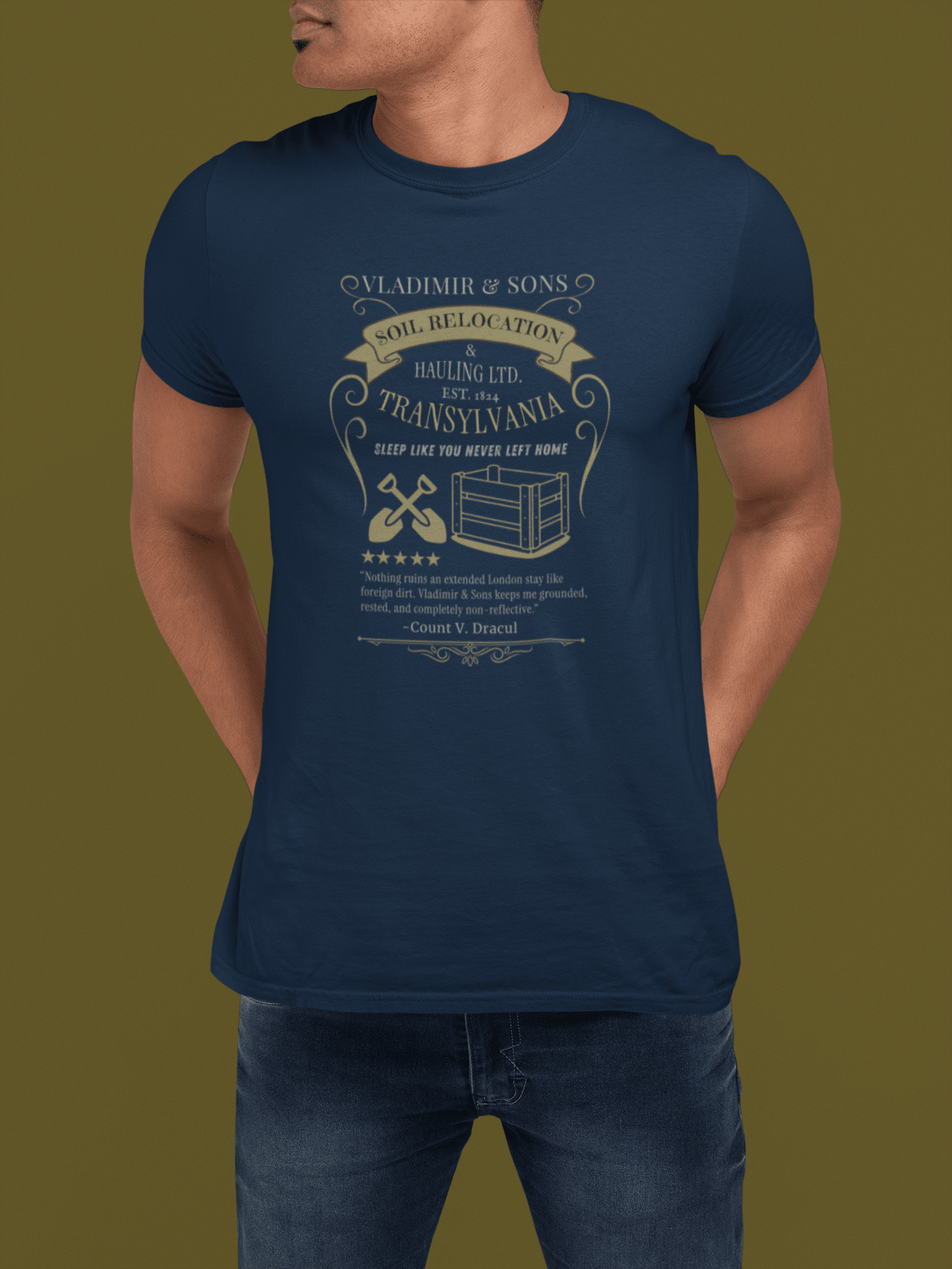 Vladimir & Sons Soil Relocation Graphic Tee, Dracula Transylvania Dirt Hauling Satire Shirt, Vintage Gothic Vampire Parody Halloween T-Shirt - Guilty Kick Apparel