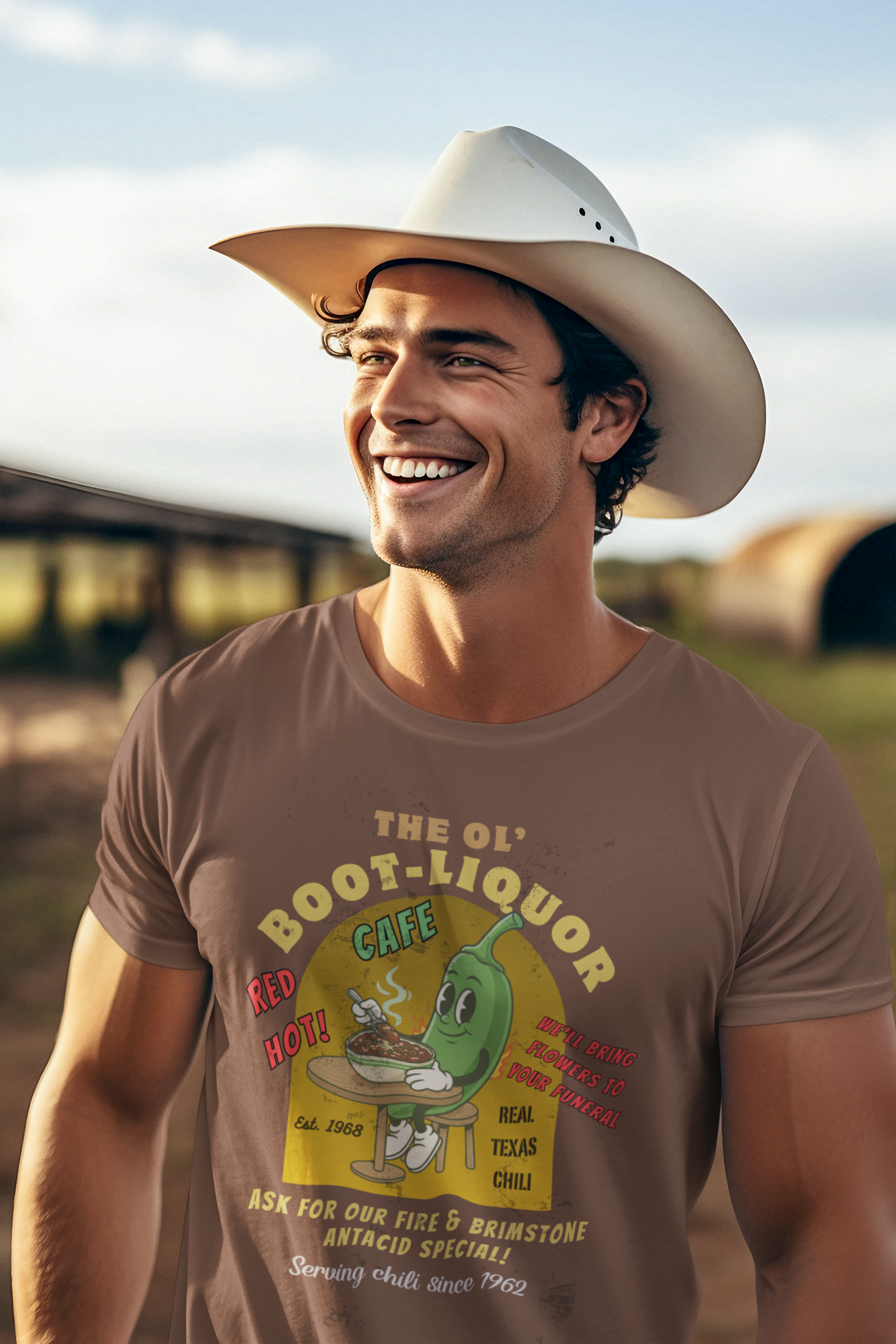 The Ol' Boot-Liquor Cafe T-Shirt: Red Hot Texas Chili | Funny Vintage Diner Mascot Tee | We'll Bring Flowers to Your Funeral